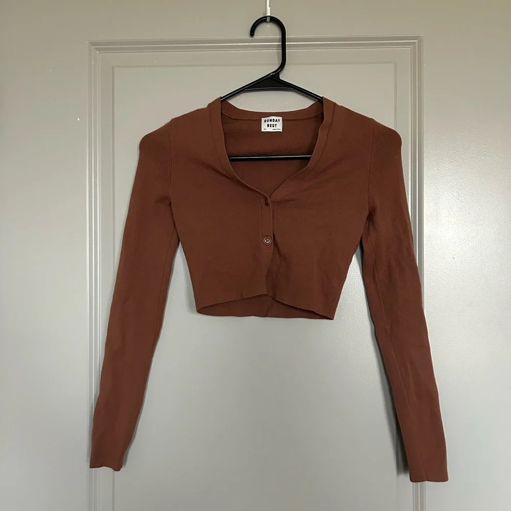 Sunday Best Cropped Long Sleeve Cardigan in Chestnut Brown - Picture 1 of 5